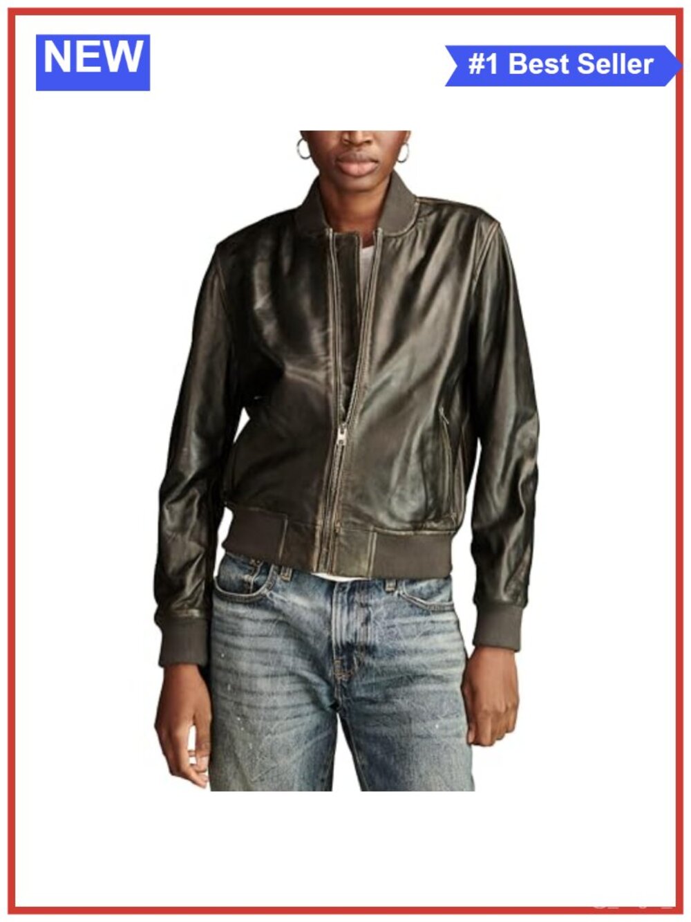 Leather Bomber Jacket Full Zip Ribbed Trim Long Sleeve Fall Outerwear